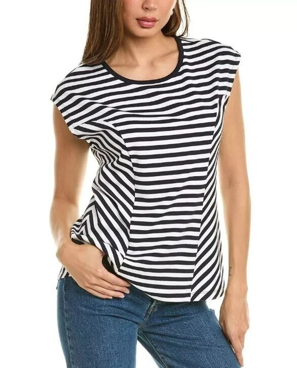 Cabi Illusion T-Shirt Size M White Black Stripe Cap Sleeve Pullover Stretch 6337